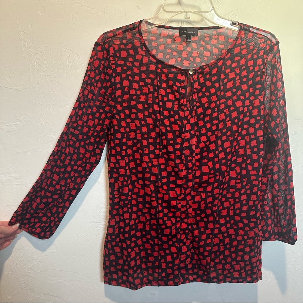 The Limited Red and Black Keyhole 3/4 Sleeve Sheer Blouse